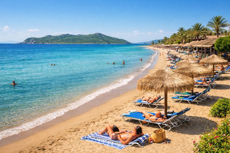 Strand van Agia Marina op Kreta met rustig zeezicht en eilandje Agiou Theodorou