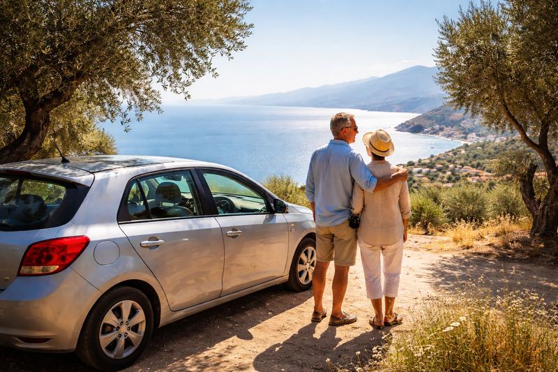 Ouder stel naast een eenvoudige huurauto met uitzicht over de zee en olijfbomen op de Peloponessos in Griekenland