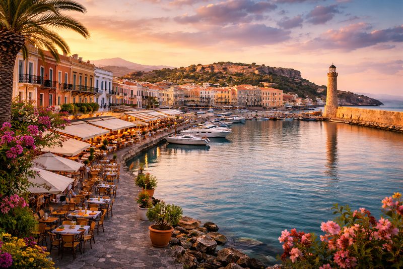 Sfeervolle haven van Rethymnon op Kreta tijdens zonsondergang in Griekenland